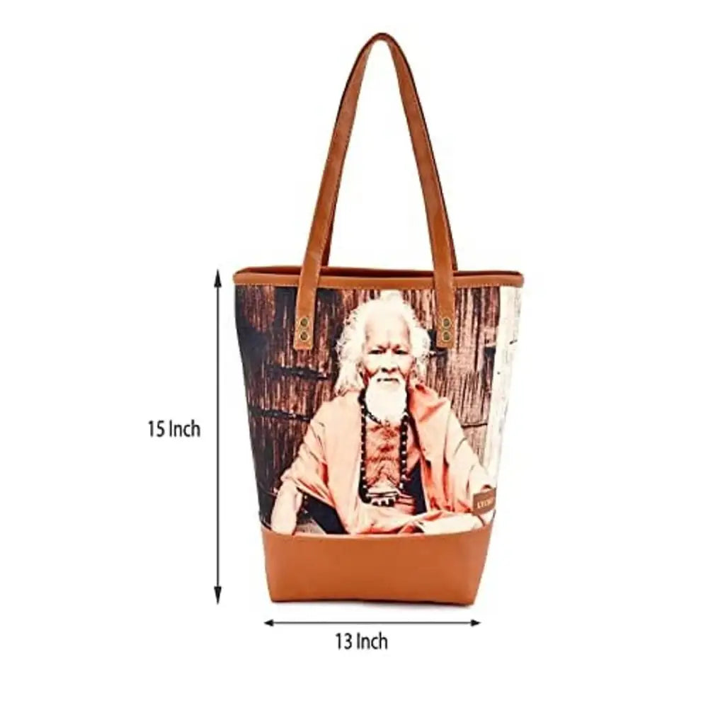 Sakwoods Women Printed Canvas Beige Tote Bag