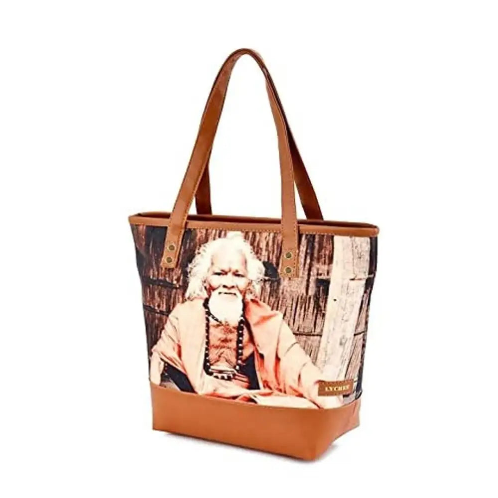 Sakwoods Women Printed Canvas Beige Tote Bag