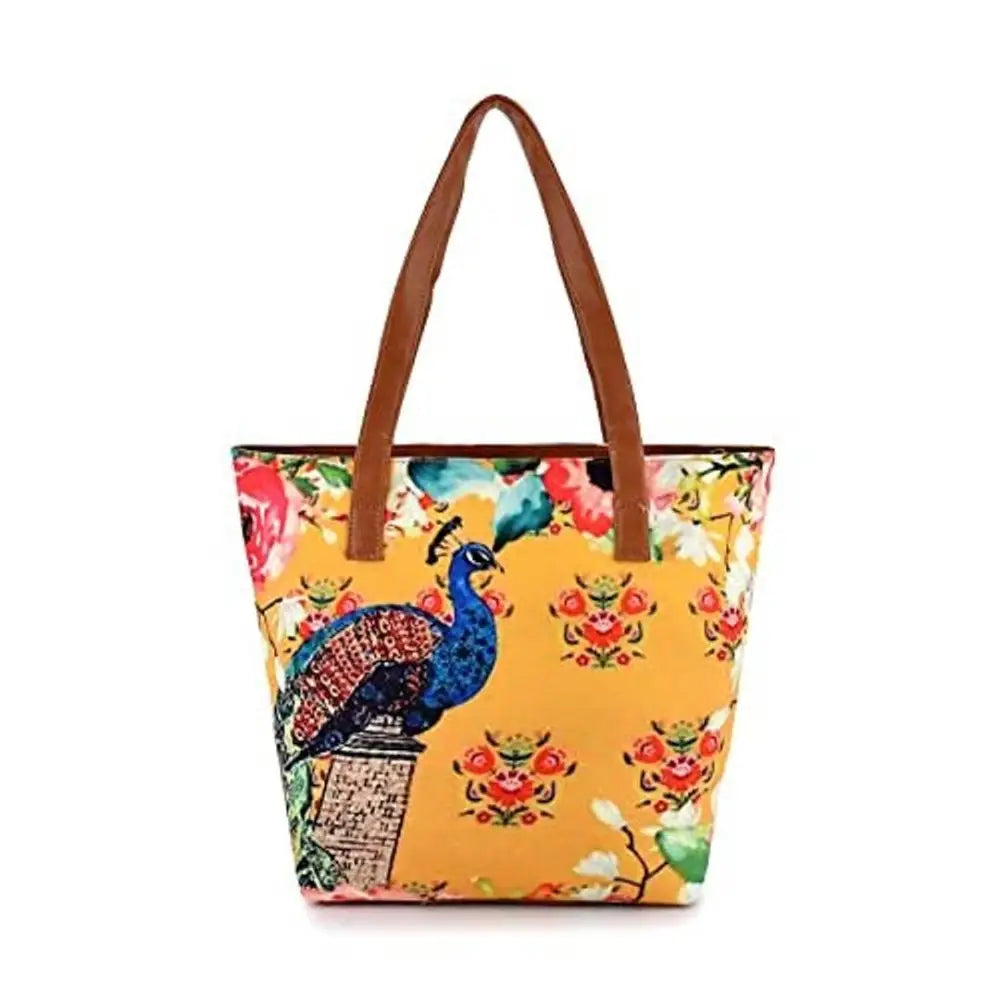 Sakwoods Women Printed Canvas Peacock (Yellow) Tote Bag