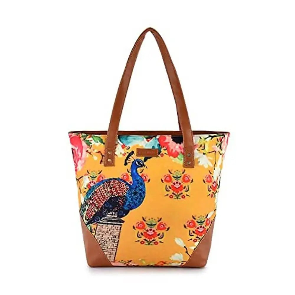 Sakwoods Women Printed Canvas Peacock (Yellow) Tote Bag