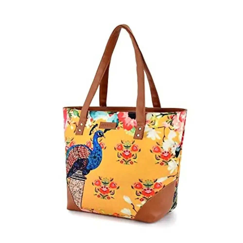 Sakwoods Women Printed Canvas Peacock (Yellow) Tote Bag