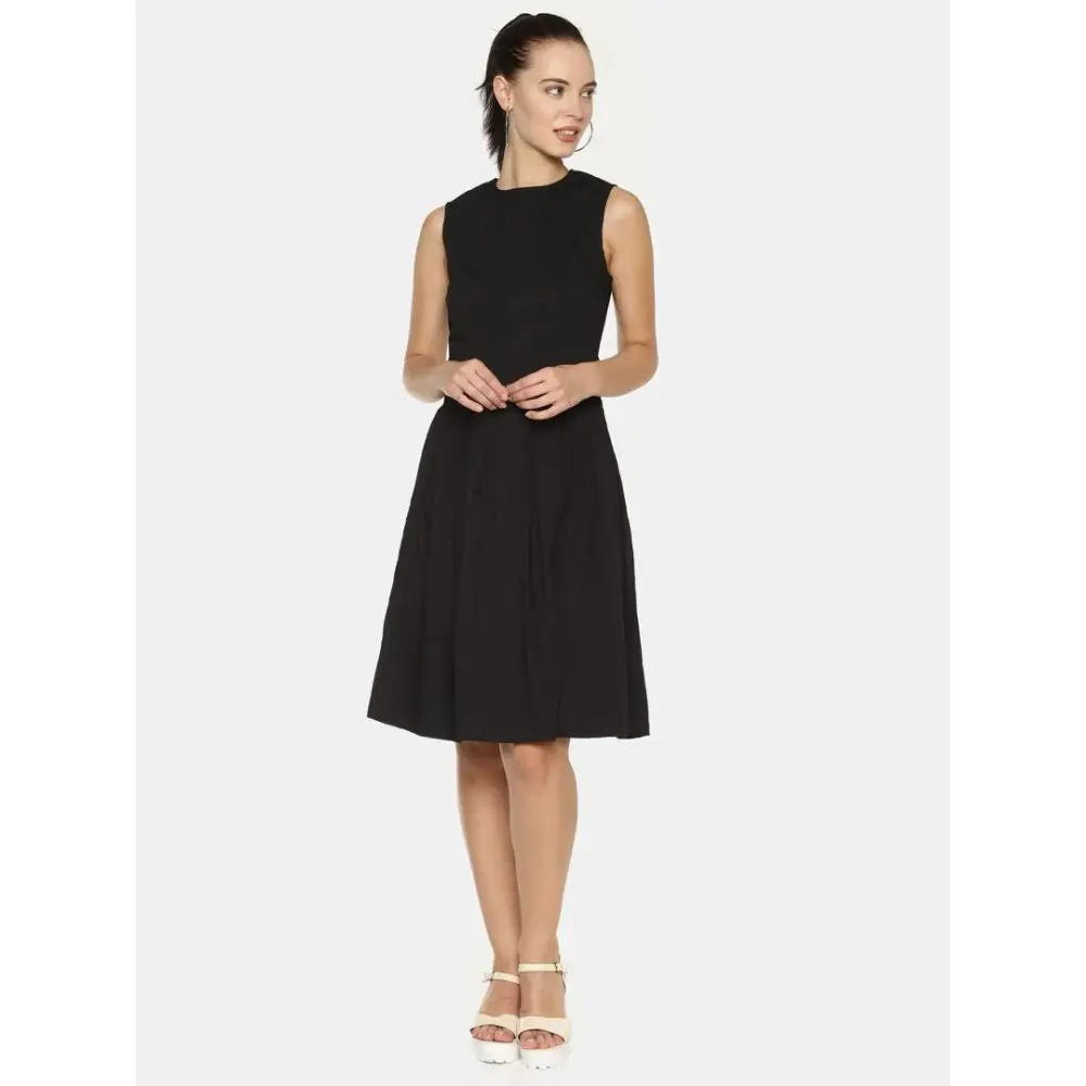 Stunning Black Cotton Self Design Pleated Dress For Women