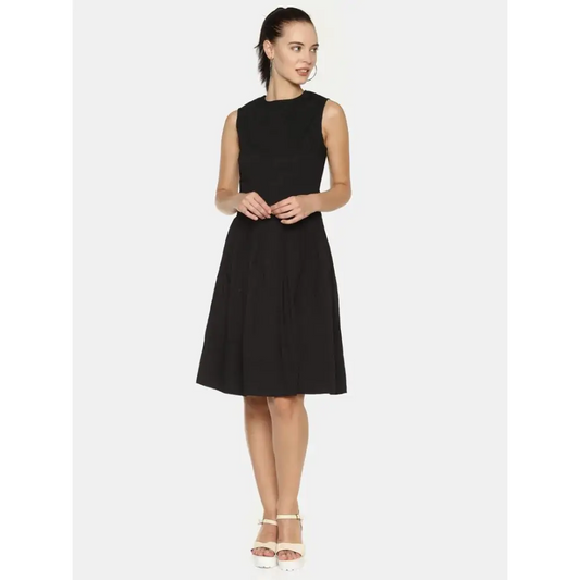 Stunning Black Cotton Self Design Pleated Dress For Women
