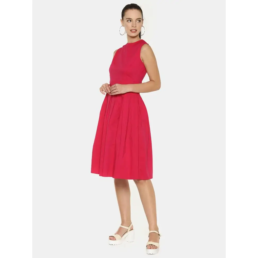 Stunning Pink Cotton Self Design Pleated Dress