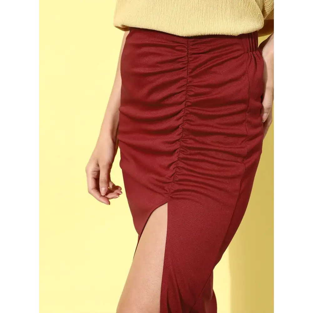 Style Quotient Women Maroon Solid Ruched Straight Side-Slit