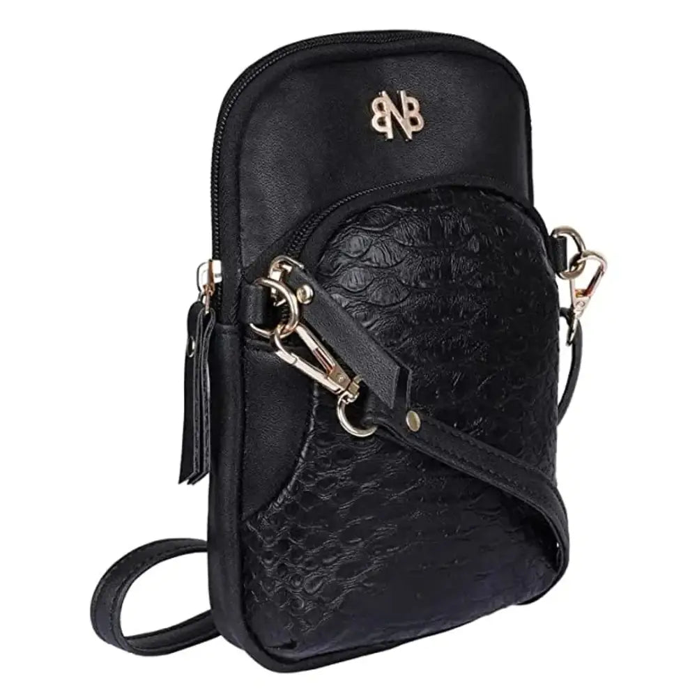 Stylish Black Artificial Leather Self Pattern Sling Bags For Women