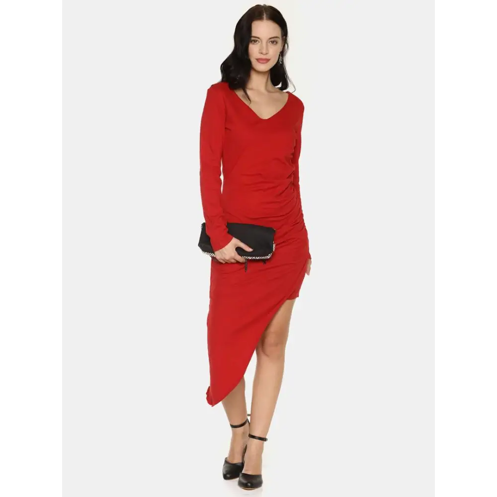 Stylish Cotton Red Solid V Neck Asymmetric Hemline Dress For Women