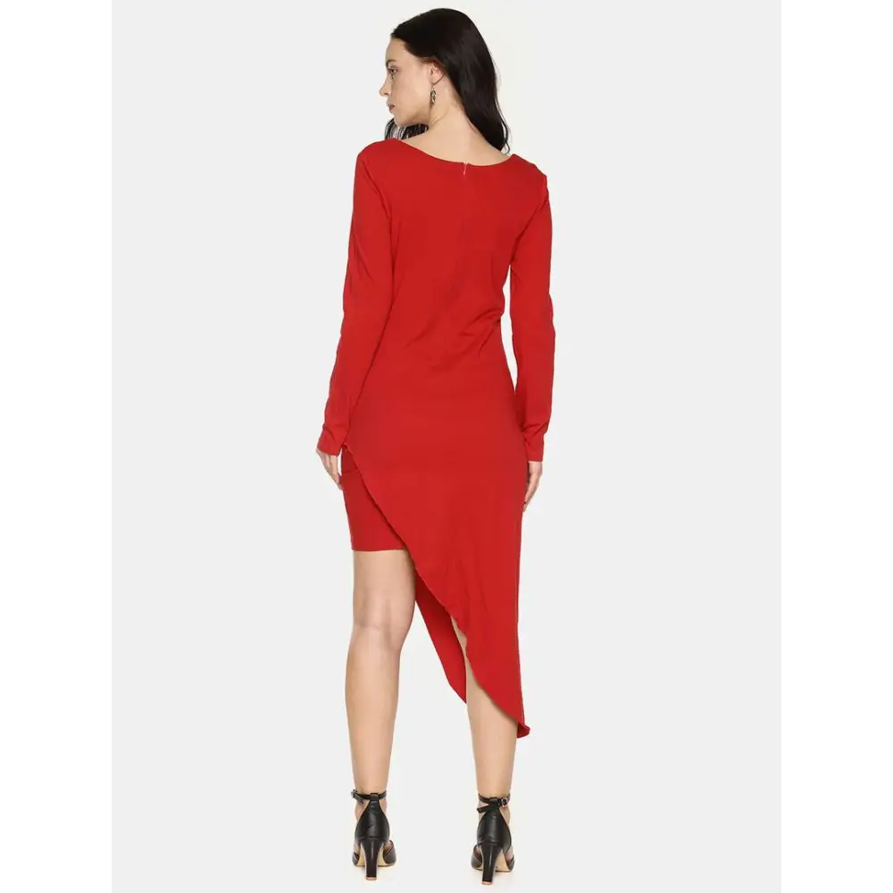 Stylish Cotton Red Solid V Neck Asymmetric Hemline Dress For Women