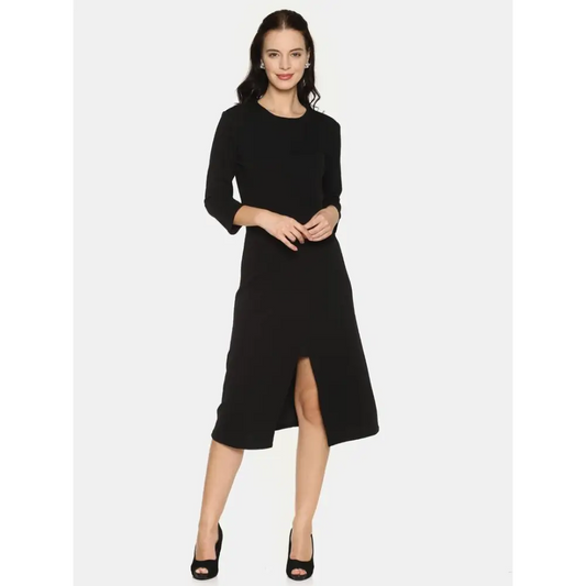 Stylish Polyester Black Solid 3/4 Sleeve Front Slit Simple Flare Dress