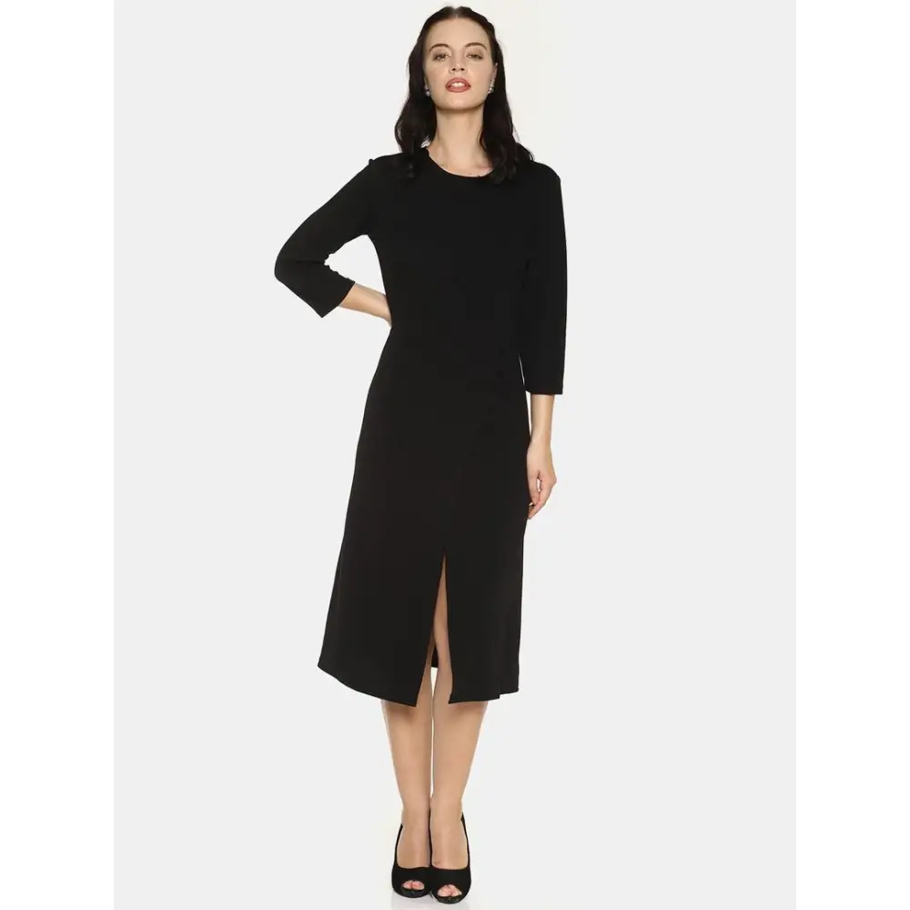 Stylish Polyester Black Solid 3/4 Sleeve Front Slit Simple Flare Dress