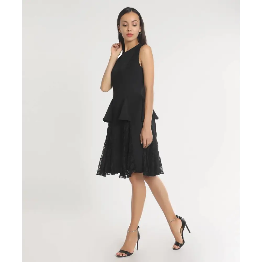 Stylish Polyester Black Solid Fit And Flare Lace Sleeveless Dress
