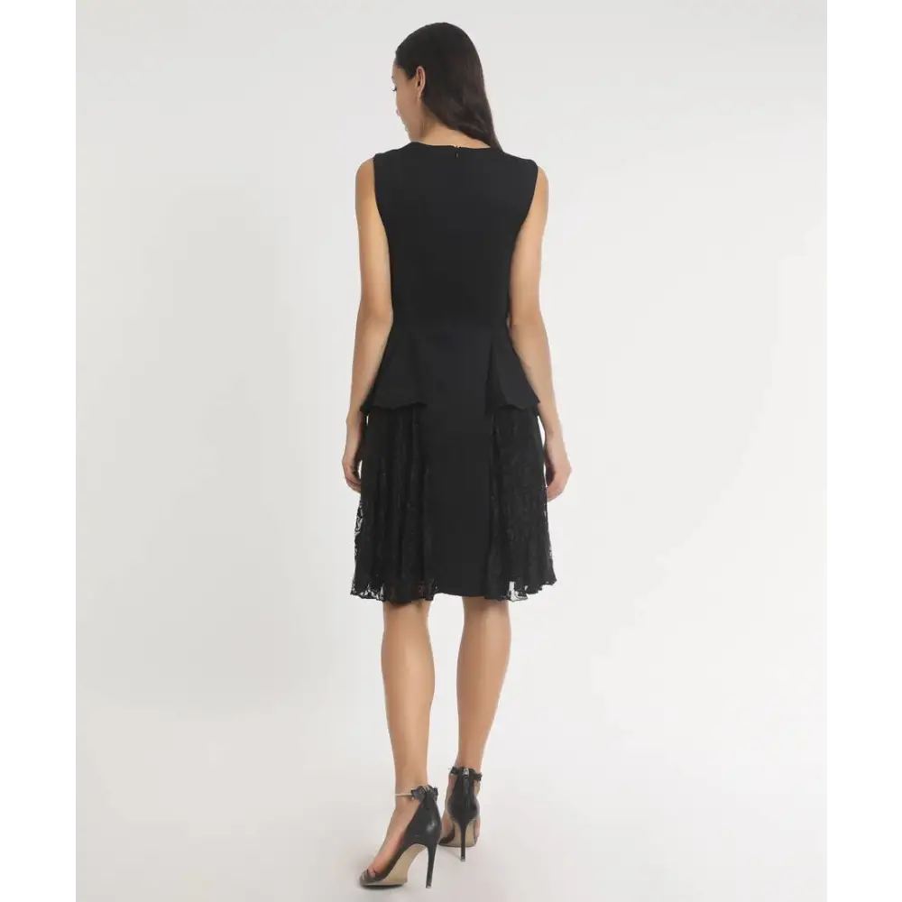 Stylish Polyester Black Solid Fit And Flare Lace Sleeveless Dress