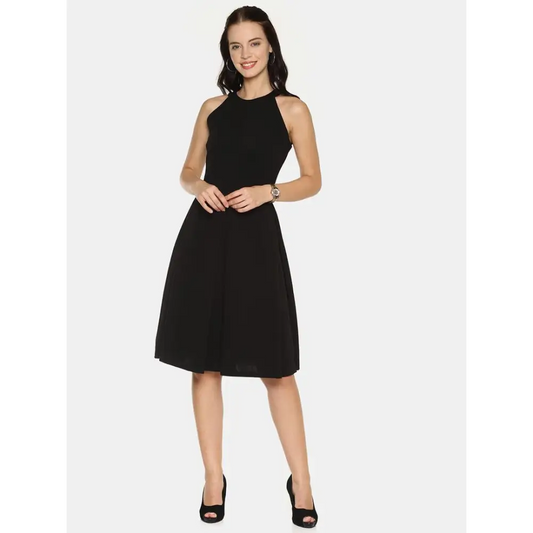 Stylish Polyester Black Solid Halter Neck Casual Sleeveless Dress