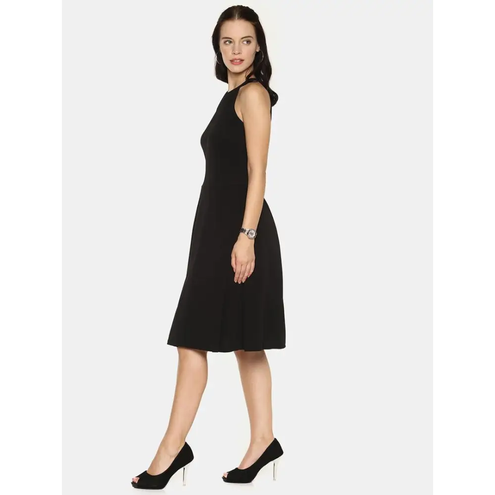 Stylish Polyester Black Solid Halter Neck Casual Sleeveless Dress