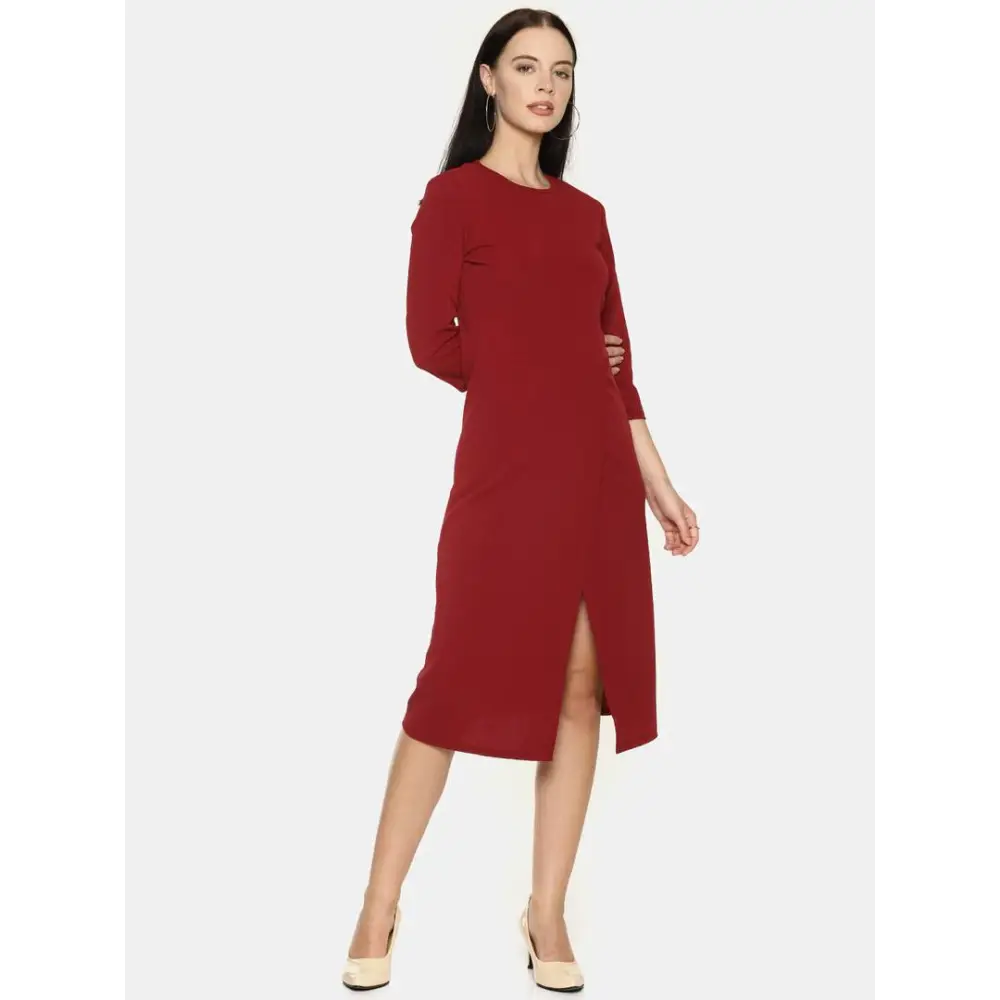 Stylish Polyester Maroon Solid Front Slit Simple Flare Dress