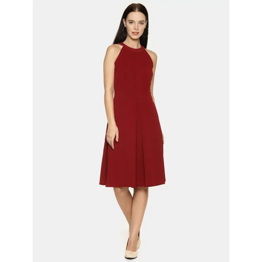 Stylish Polyester Maroon Solid Halter Neck Casual Sleeveless Dress