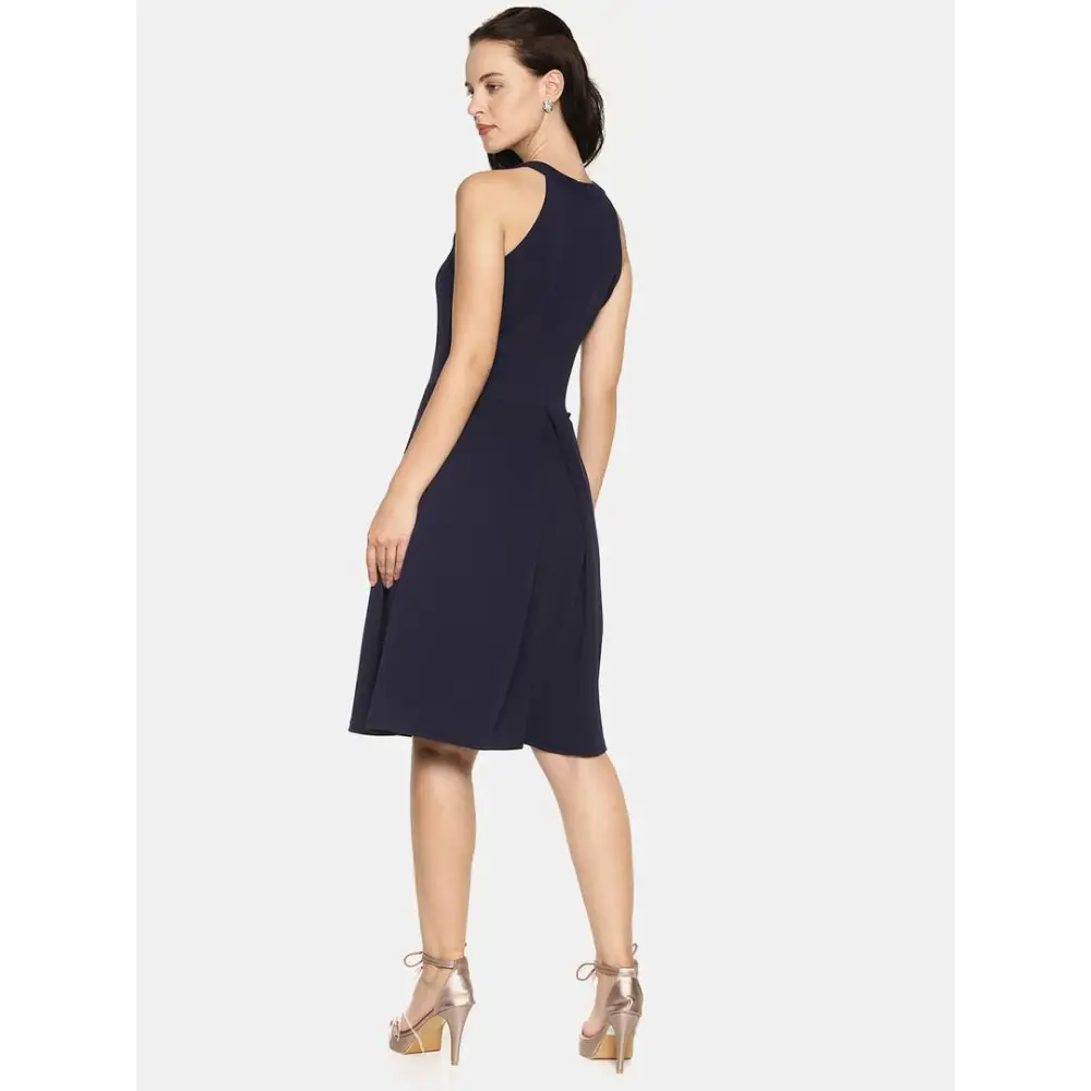 Stylish Polyester Navy Blue Solid Halter Neck Casual Sleeveless Dress For Women