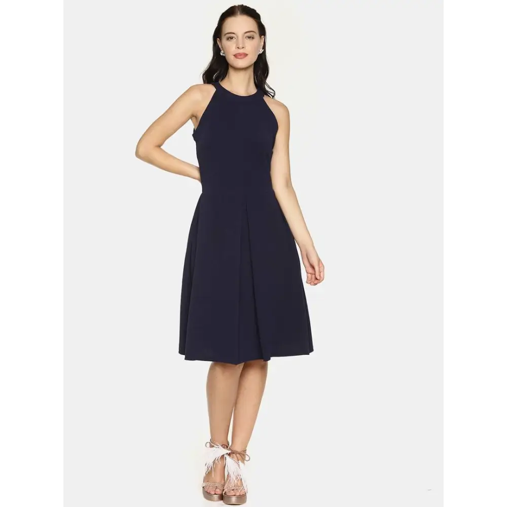 Stylish Polyester Navy Blue Solid Halter Neck Casual Sleeveless Dress For Women