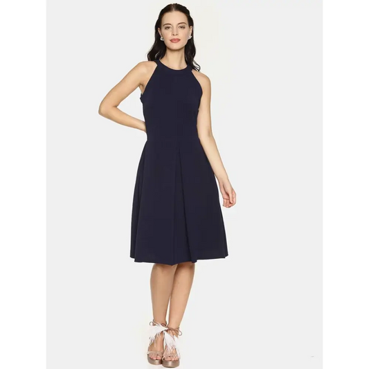 Stylish Polyester Navy Blue Solid Halter Neck Casual Sleeveless Dress For Women