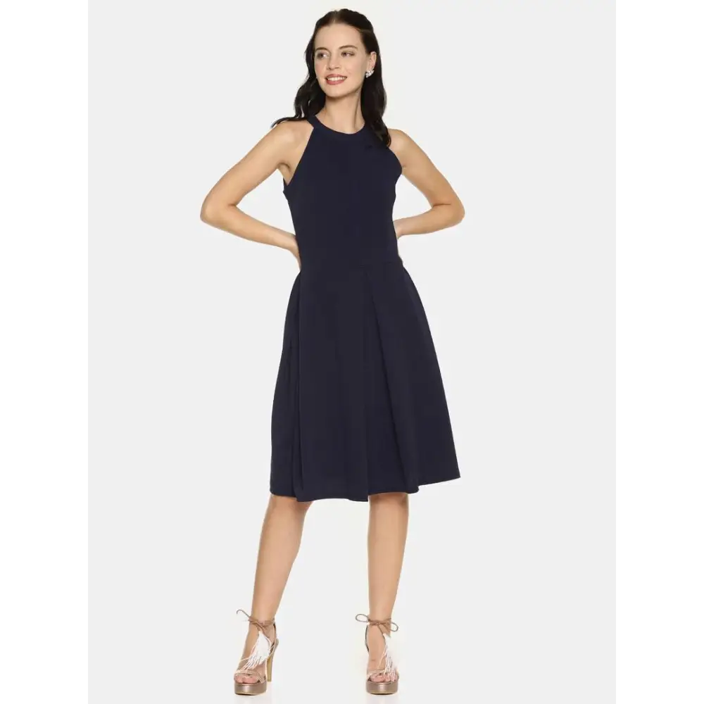 Stylish Polyester Navy Blue Solid Halter Neck Casual Sleeveless Dress For Women