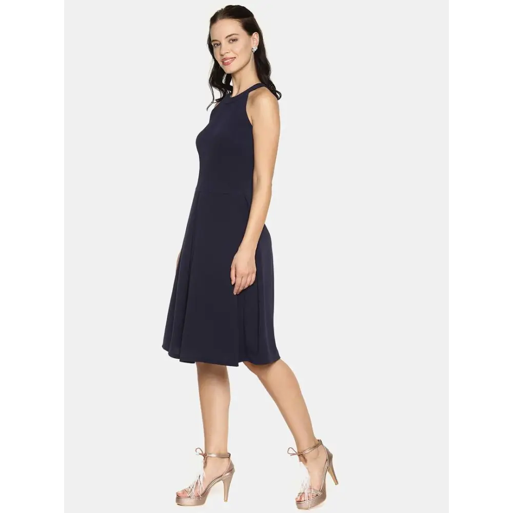 Stylish Polyester Navy Blue Solid Halter Neck Casual Sleeveless Dress For Women