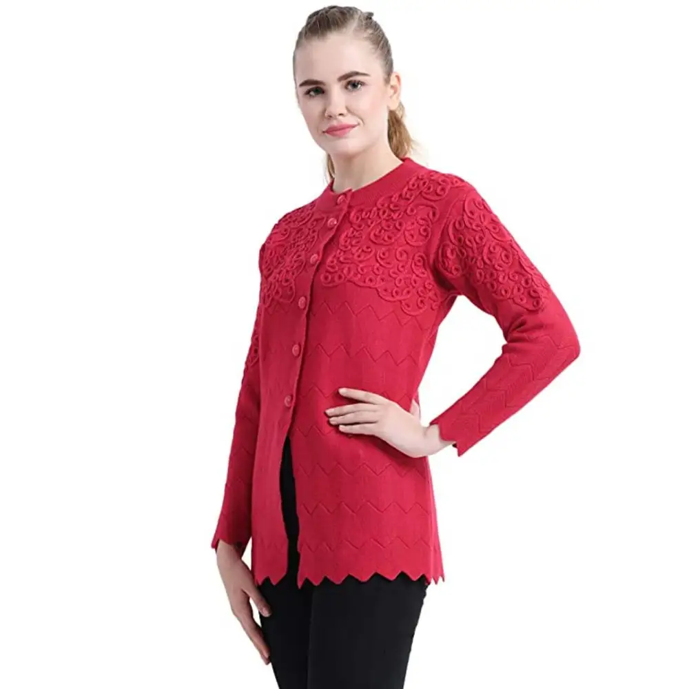 Stylish Red Woolen Button Closure Cardigan For Women