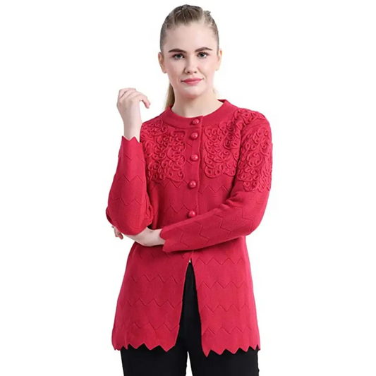 Stylish Red Woolen Button Closure Cardigan For Women