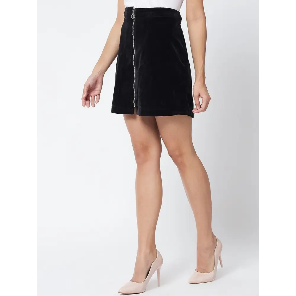 TRENDARREST Women's Polyester Solid Zipper Velvet Pencil Mini Skirt