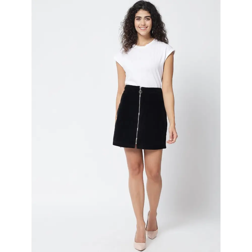 TRENDARREST Women's Polyester Solid Zipper Velvet Pencil Mini Skirt