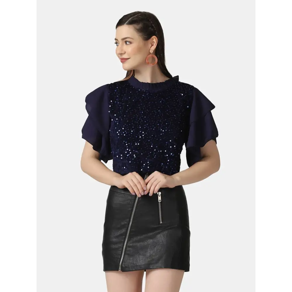 Trendy Navy Velvet Crepe Ruffle Short Sleeve Sequins Embellished Women