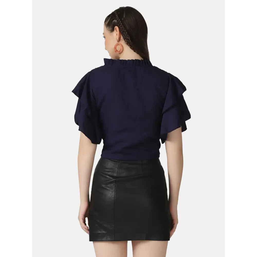 Trendy Navy Velvet Crepe Ruffle Short Sleeve Sequins Embellished Women