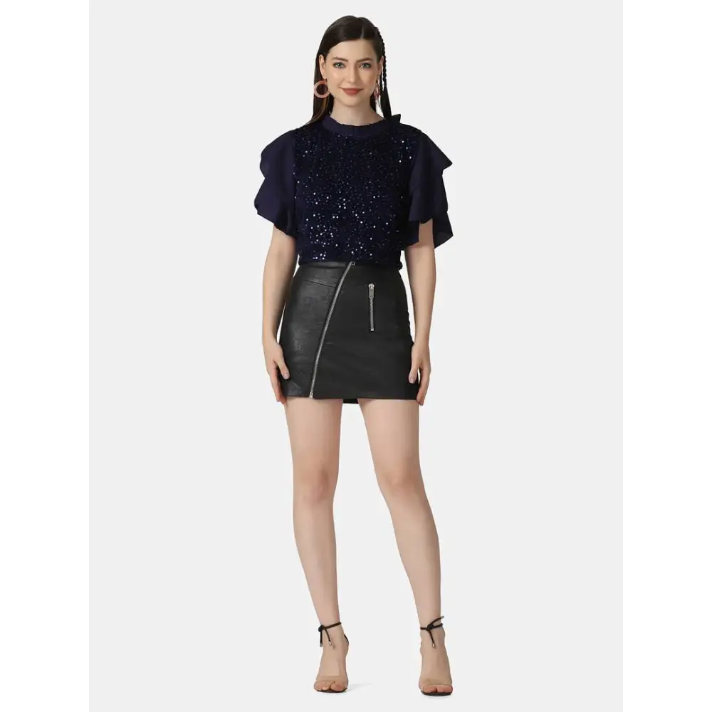 Trendy Navy Velvet Crepe Ruffle Short Sleeve Sequins Embellished Women