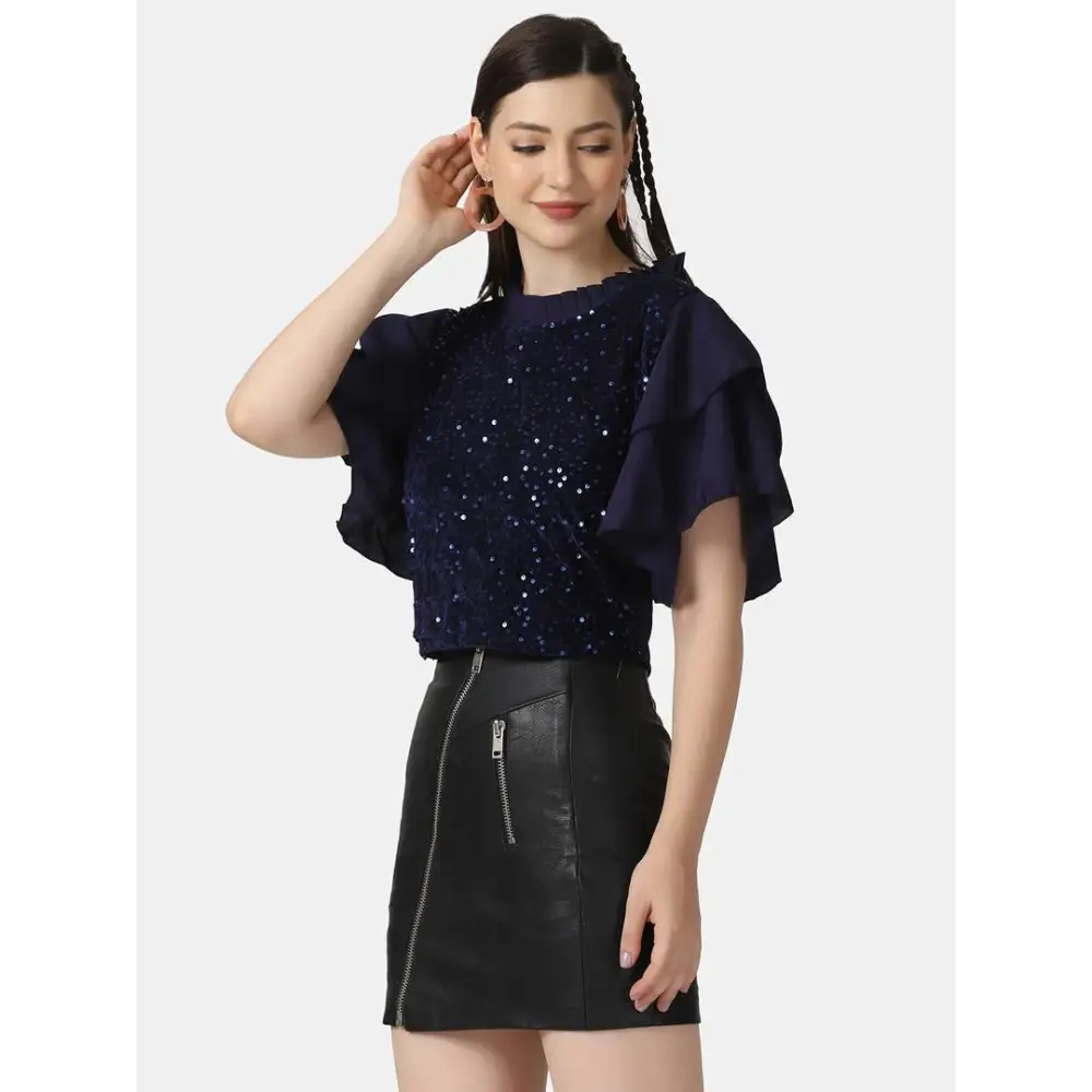 Trendy Navy Velvet Crepe Ruffle Short Sleeve Sequins Embellished Women