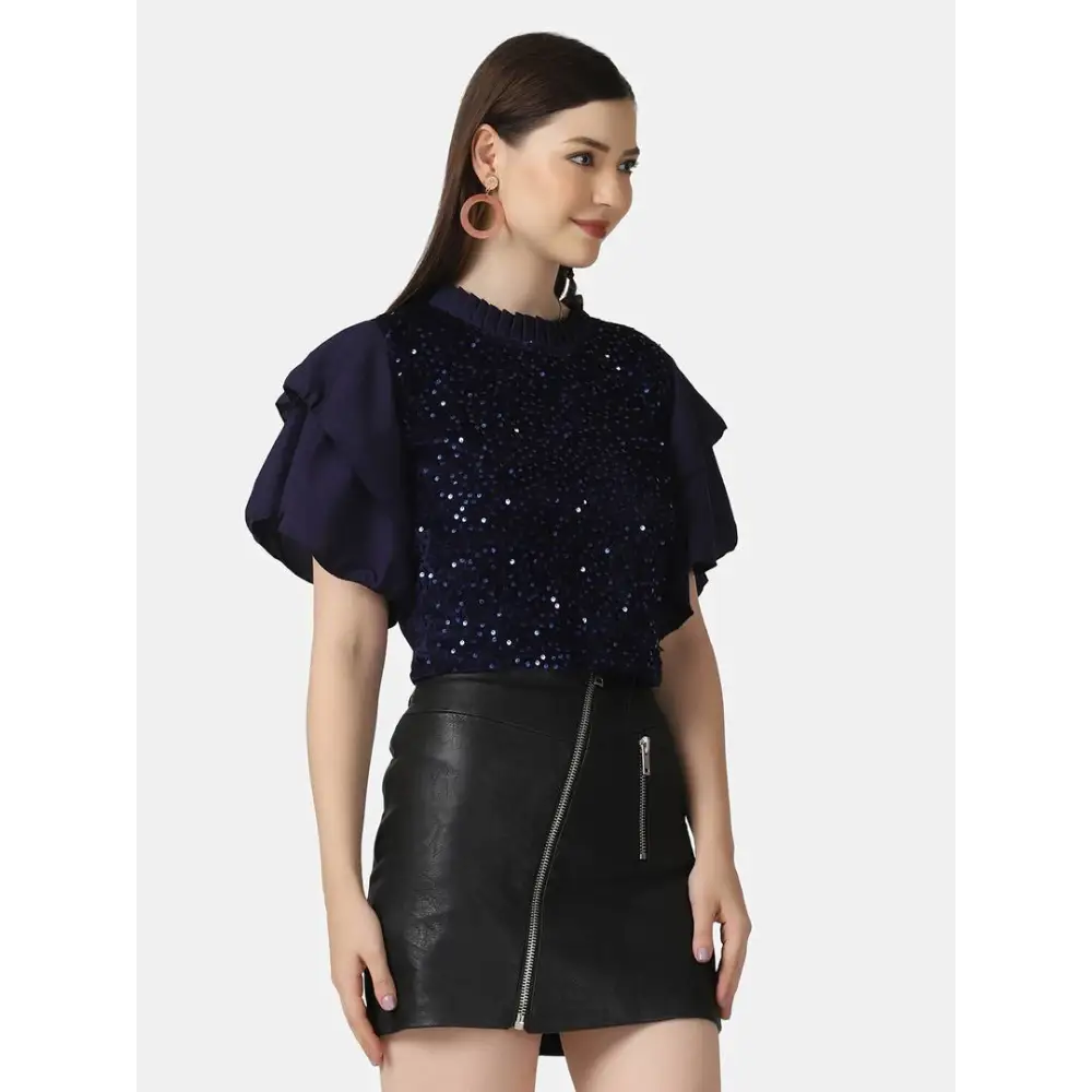 Trendy Navy Velvet Crepe Ruffle Short Sleeve Sequins Embellished Women