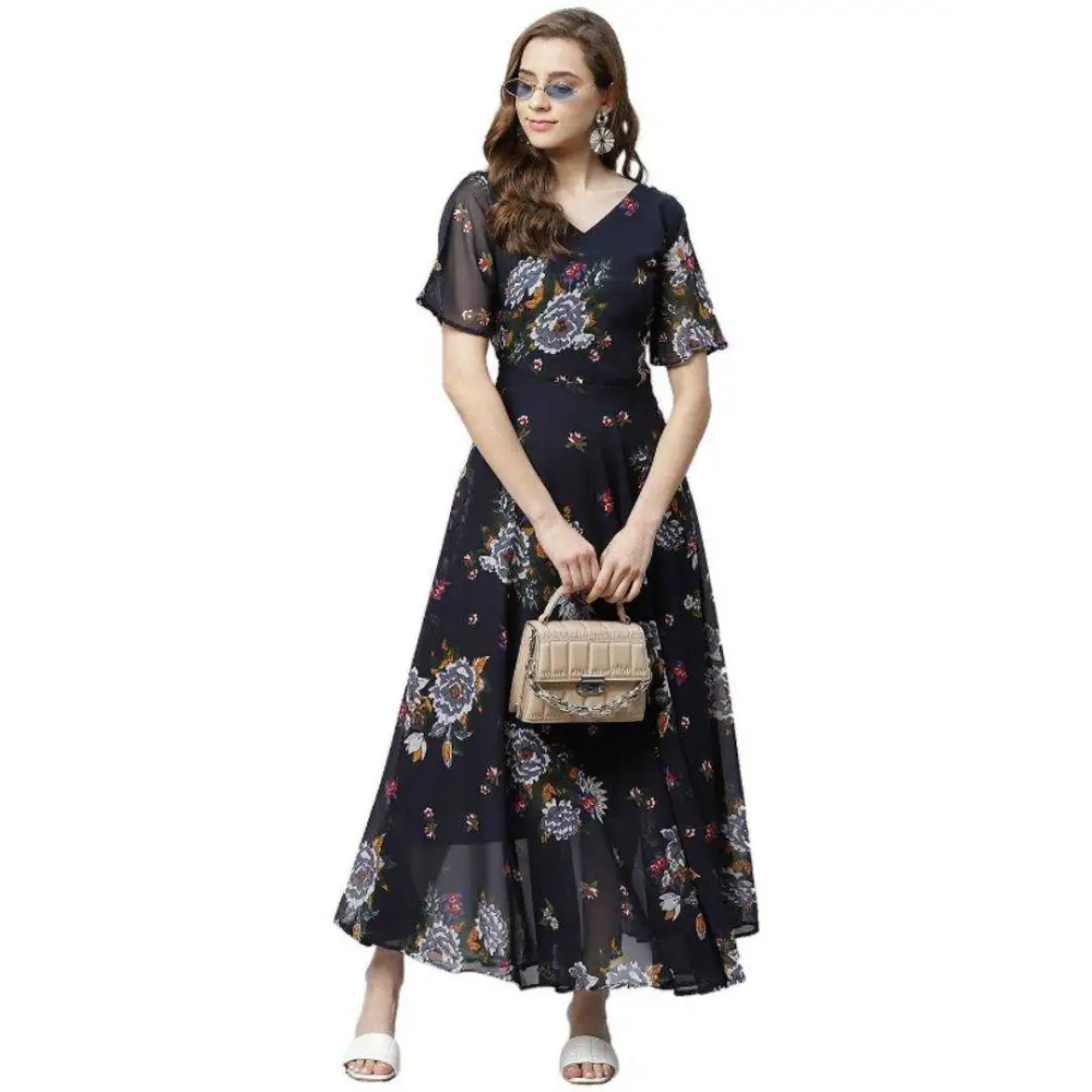 Women Fit and Flare Floral Printed Georgette Dress                    