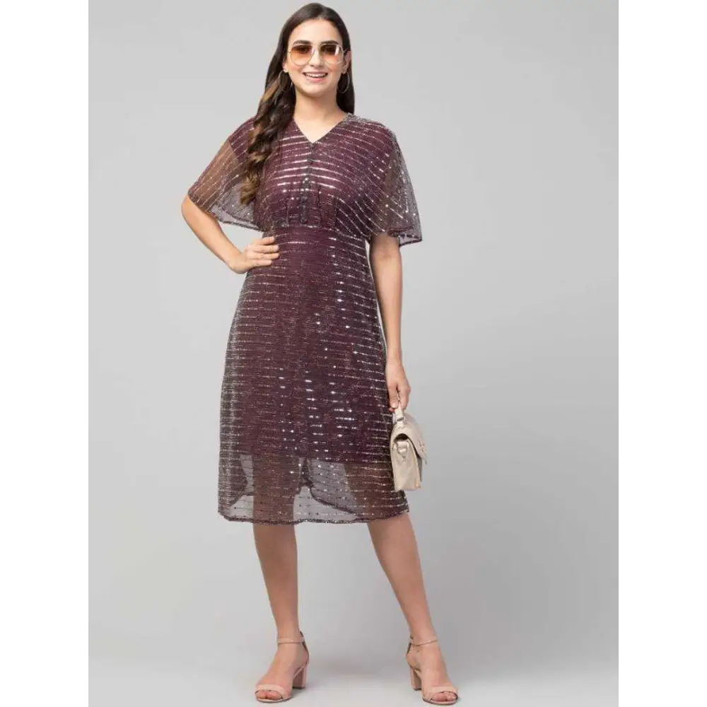 Women Three-Quarter Cape Sleeves Moonlight Flared Calf Length Dress   