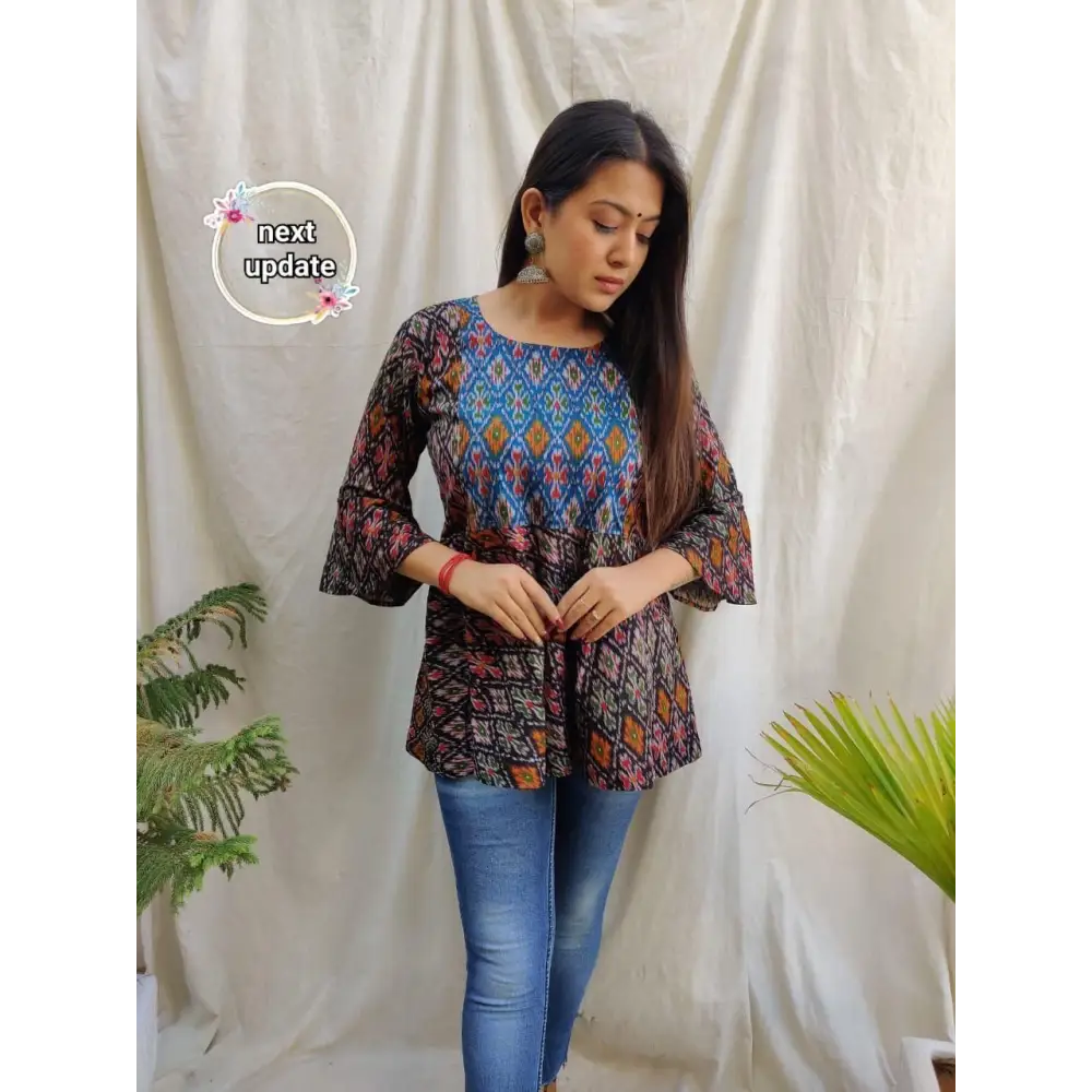 Women’s Cotton Ikkat Print Bell Sleeves Top - S - Tops