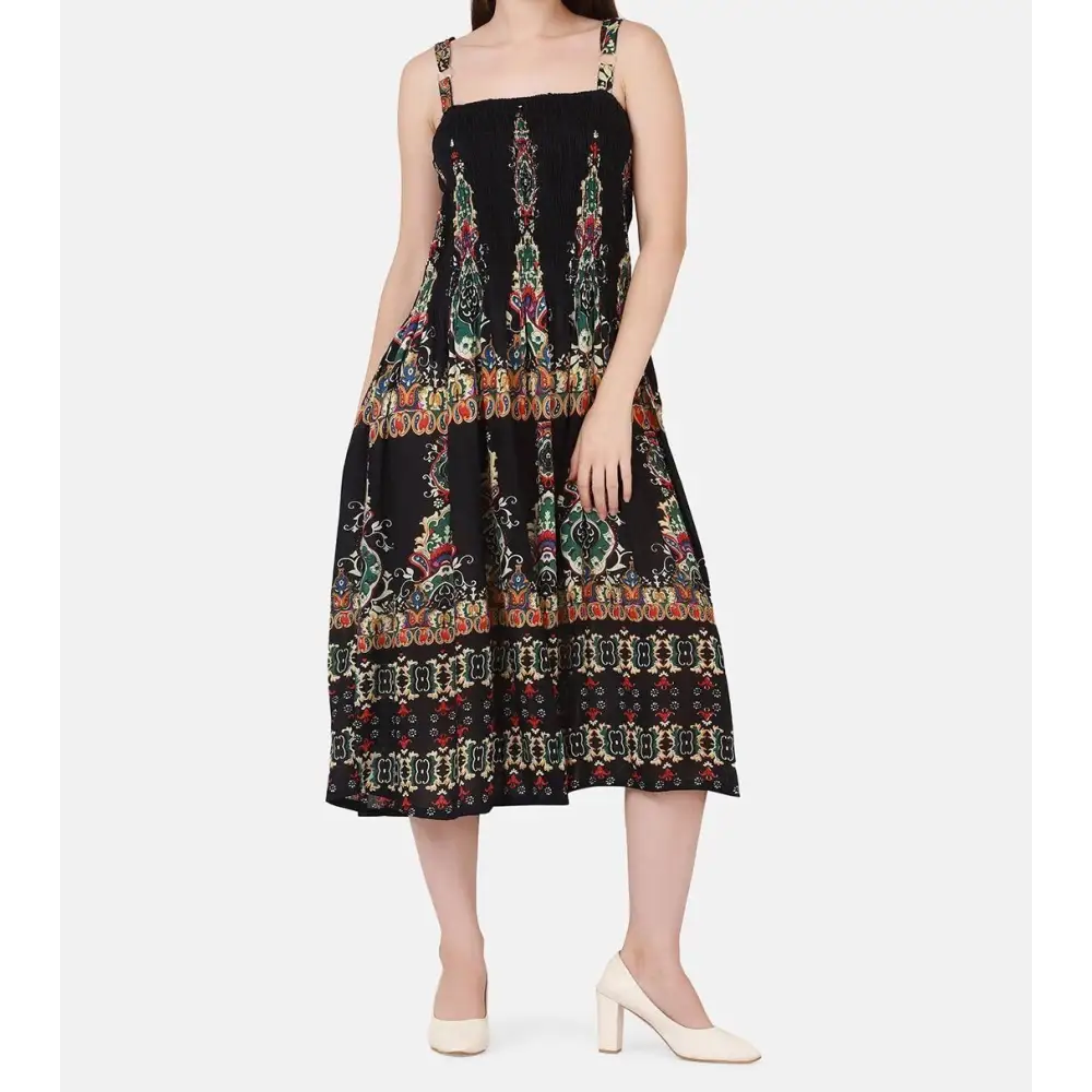 Women's Cotton Printed Shoulder Strap Midi  Dress