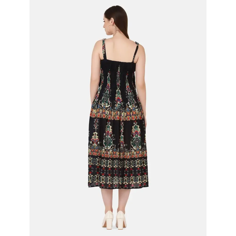 Women's Cotton Printed Shoulder Strap Midi  Dress