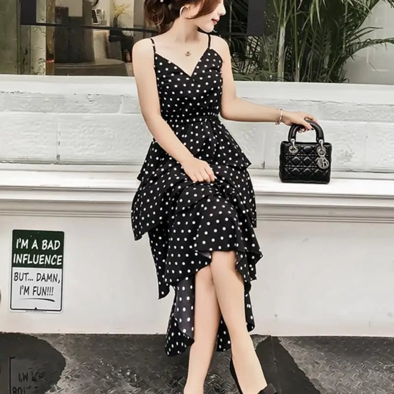 Women's Crepe Polka Dot Print Layered Midi Dress                      