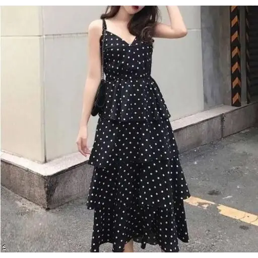 Women's Crepe Polka Dot Print Layered Midi Dress                      