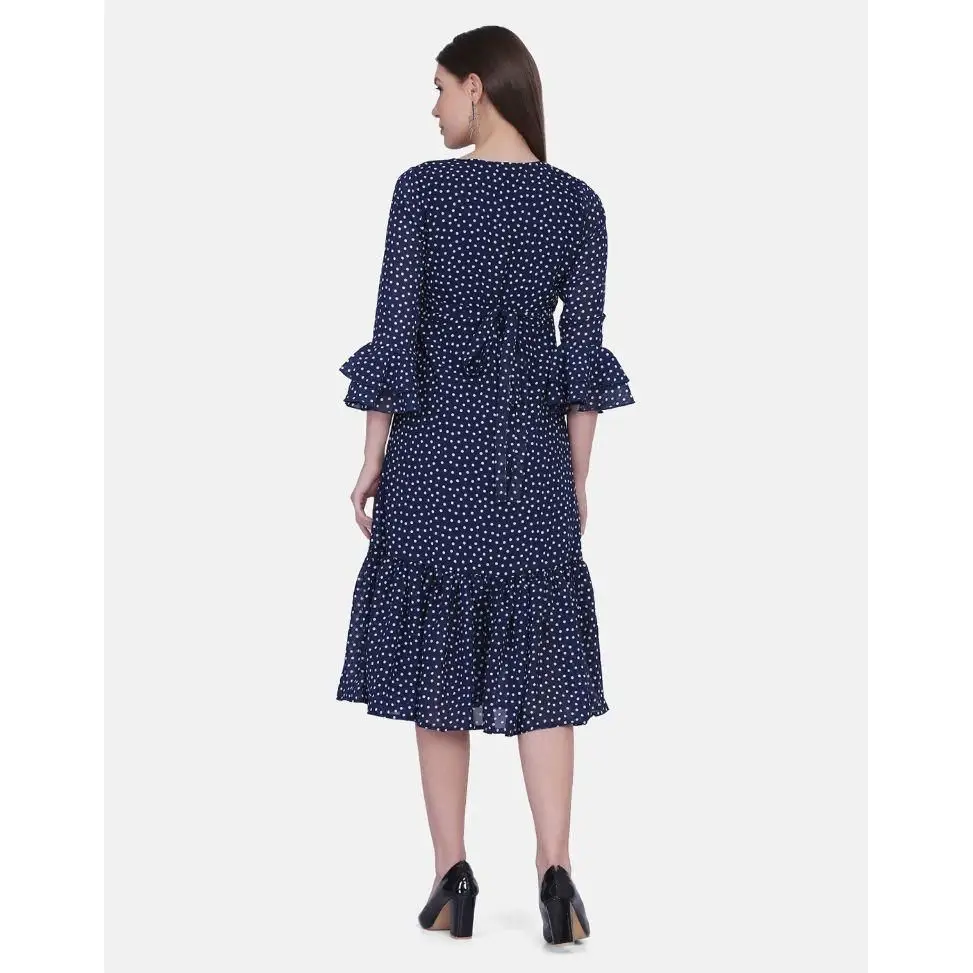 Women's Polyester Georgette Polka Print Midi Dress