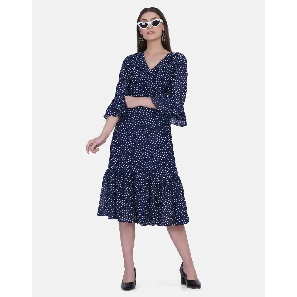 Women's Polyester Georgette Polka Print Midi Dress