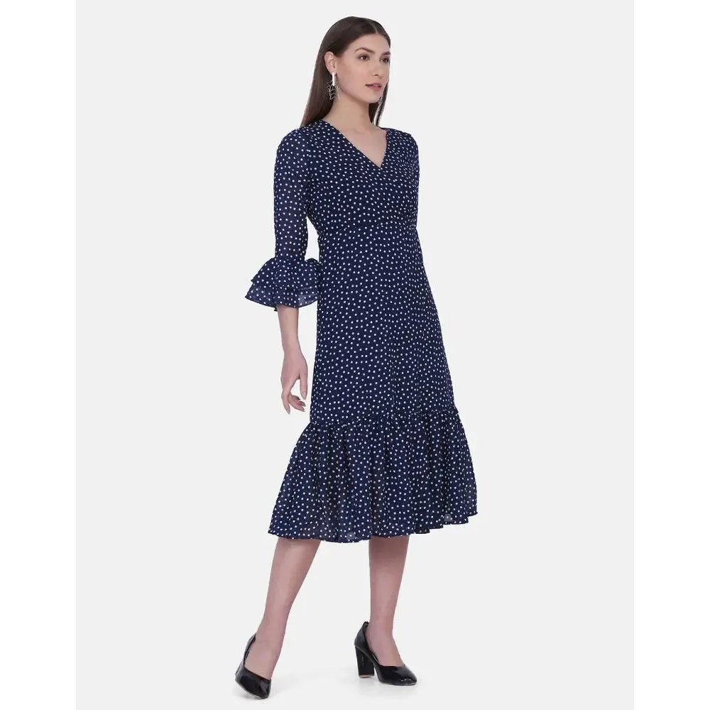 Women's Polyester Georgette Polka Print Midi Dress