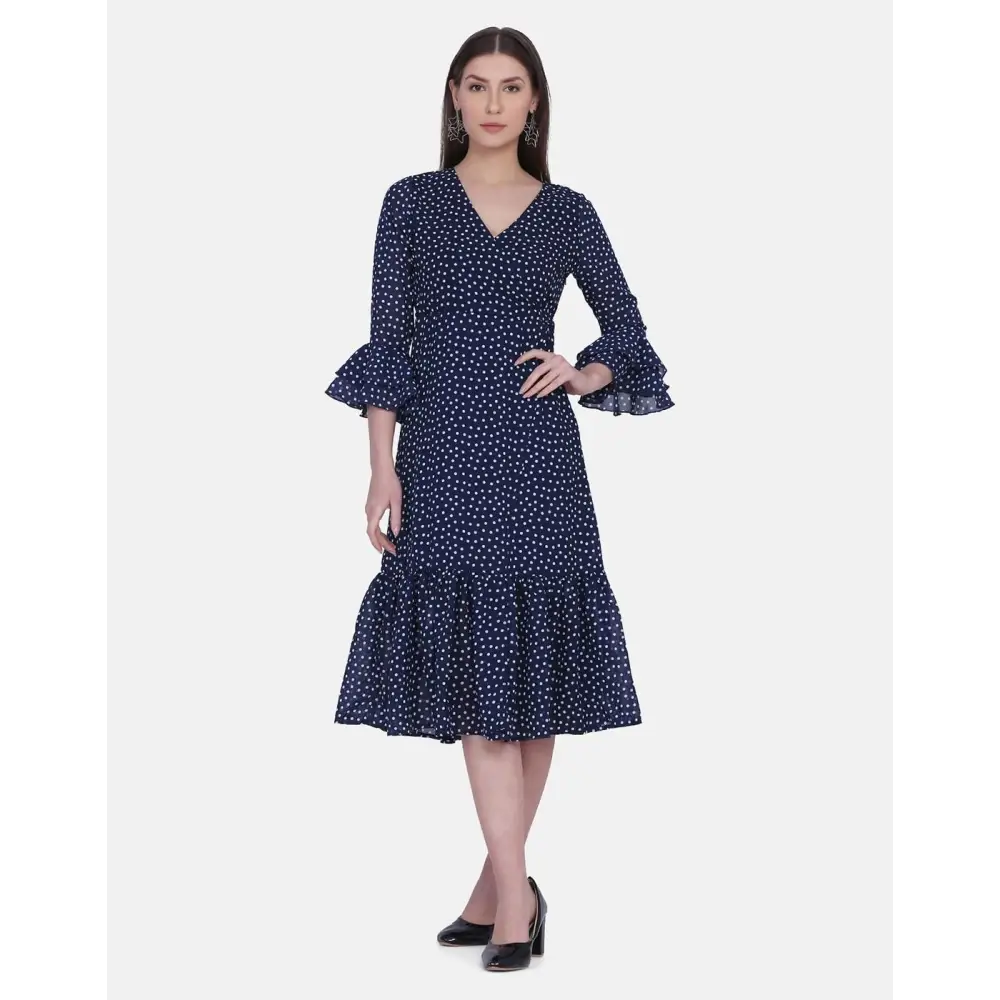 Women's Polyester Georgette Polka Print Midi Dress