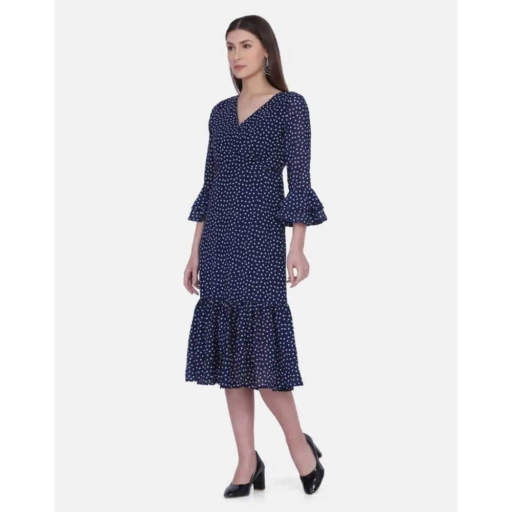 Women's Polyester Georgette Polka Print Midi Dress