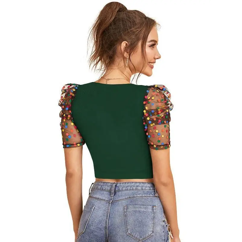 Women's Polyester (Knitted) Solid Puff Sleeves Crop Top