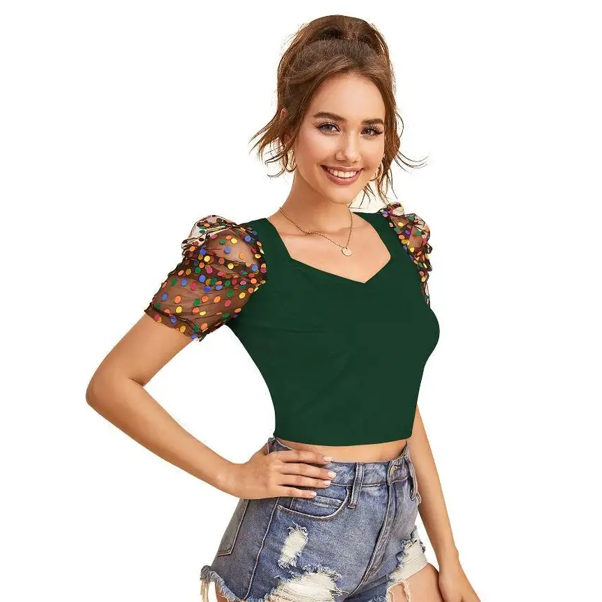 Women's Polyester (Knitted) Solid Puff Sleeves Crop Top