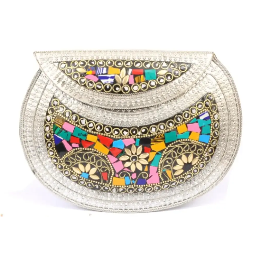 Womens Metal Mosaic Shell Mop Wedding Party Box Clutch (Multicolour)